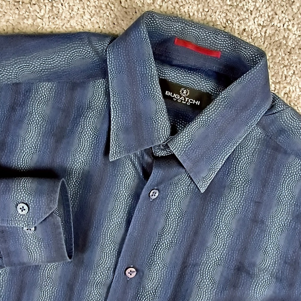 Bugatchi Uomo Shirt Mens Large L Blue Geometric Stripe Long Sleeve Cotton Button